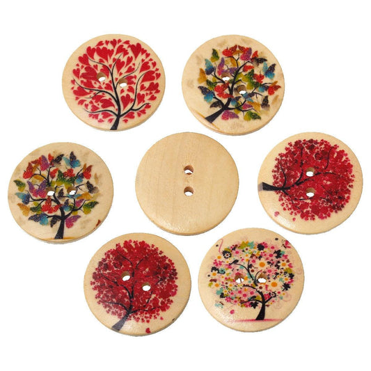 Large Multi Colored Wooden Buttons - Tree of Life Pattern - Shades of Red or Pink - Hearts - Butterflies - 30mm - 2 Hole - Wood Button 55059