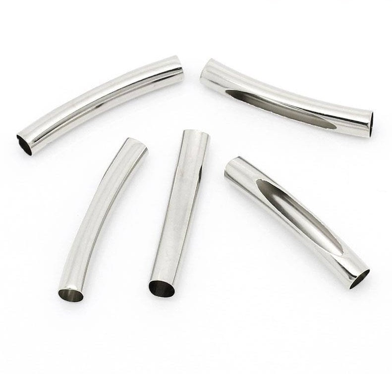 Silver Finish Tube Beads - Curved with Opening - 31mm x 5mm - Noodle Silver Tube Bead - Lead Nickel Safe (B28275)