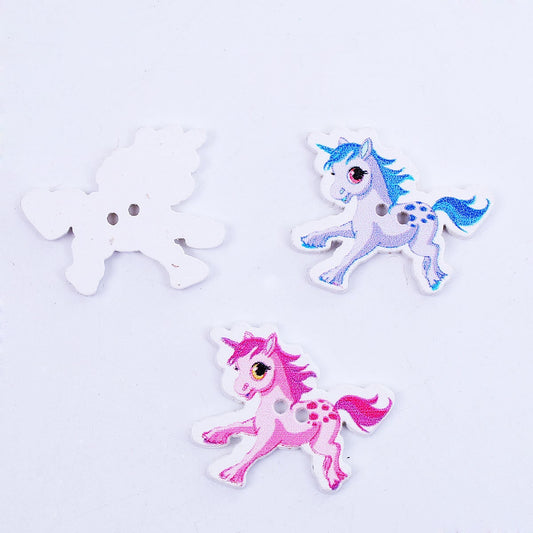 10 Unicorn Wooden Buttons - 33mm (1 2/8") x 28mm (1 1/8") - 2 Hole - Mixed Random Colors Unicorn Wood Button (0098282)