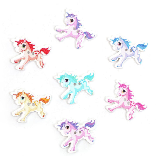 10 Unicorn Wooden Buttons - 33mm (1 2/8") x 28mm (1 1/8") - 2 Hole - Mixed Random Colors Unicorn Wood Button (0098282)