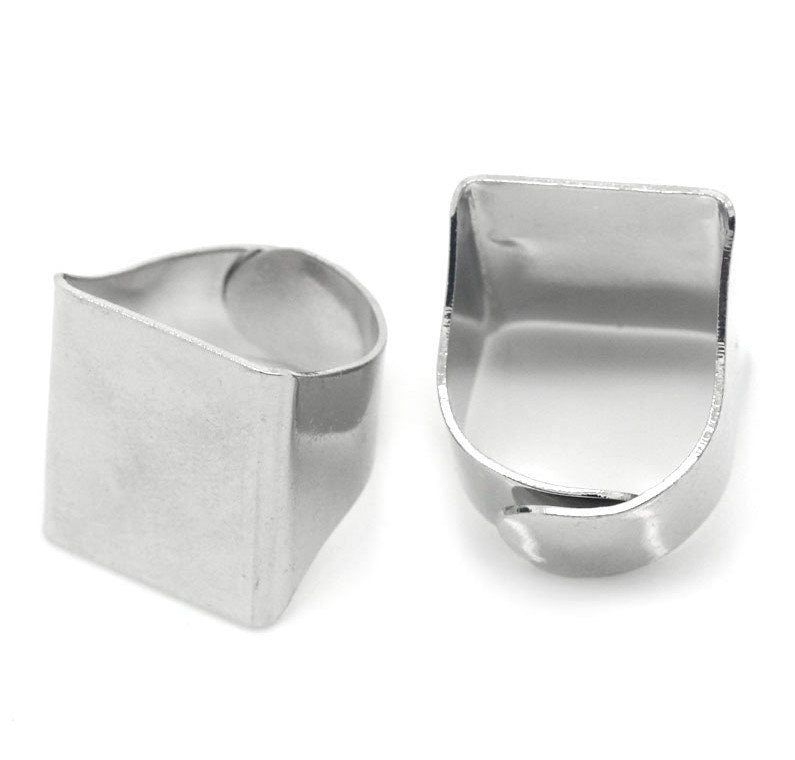 Ring Base - Adjustable - Shiny Silver Finish - Lead Nickel Cadmium Free - Size 5.75 - 20mm (3/4") - Adjustable Ring Bases (KK-A017-S)