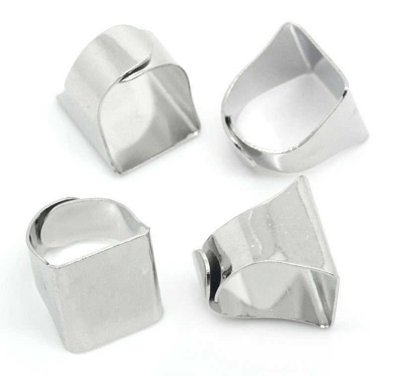 Ring Base - Adjustable - Shiny Silver Finish - Lead Nickel Cadmium Free - Size 5.75 - 20mm (3/4") - Adjustable Ring Bases (KK-A017-S)