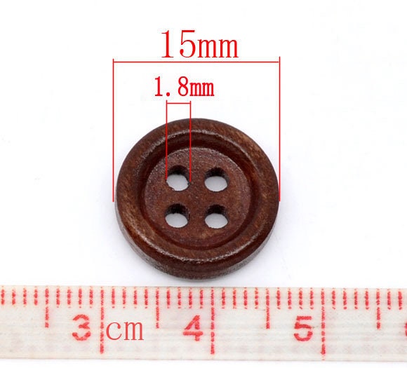 150 Dark Brown Wooden Buttons - 15mm - 4 Hole - Wood Button (B10383)