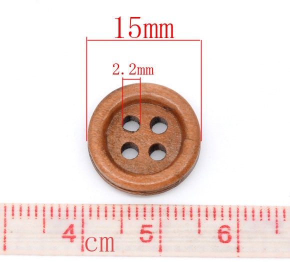 50 Medium Brown Wooden Buttons - 15mm - 4 Hole - Wood Button (B10382)