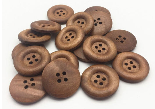 Brown Wooden Buttons - 25mm (1 inch) - 4 Holes - Round Sewing Wood Buttons 25mm (1") (butt-brn-25mm-a)