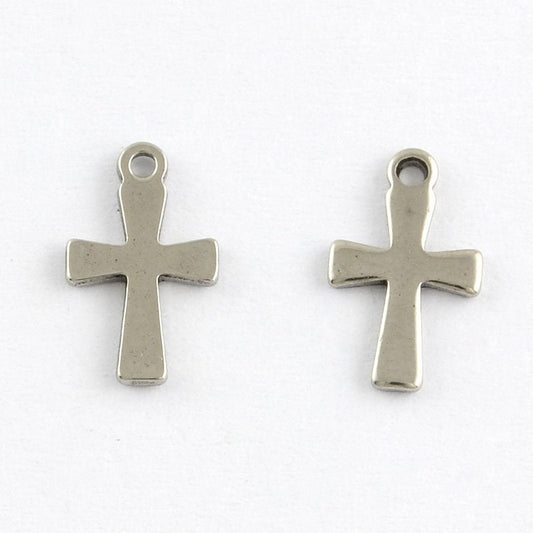 Small Stainless Steel Silver Cross Pendant - 12mm x 7mm - Tiny Metal Cross (STAS-Q168-07)