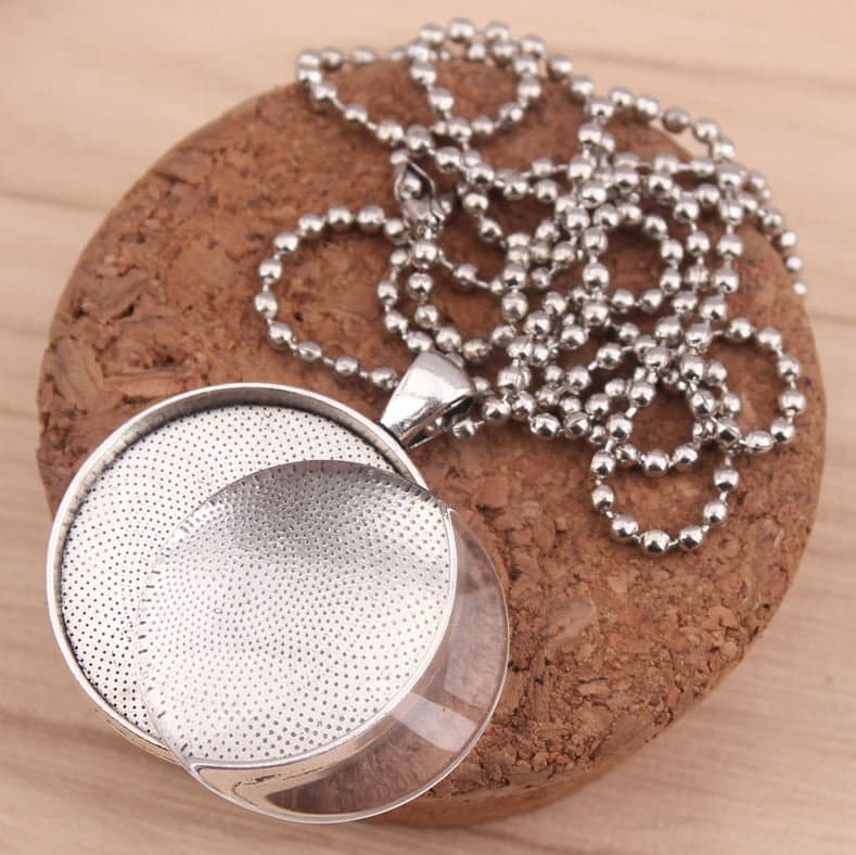 6 Pendant Bezel Tray Sets - Matching Clear Glass Cabochon - Round - Silver - Lead Nickel Free