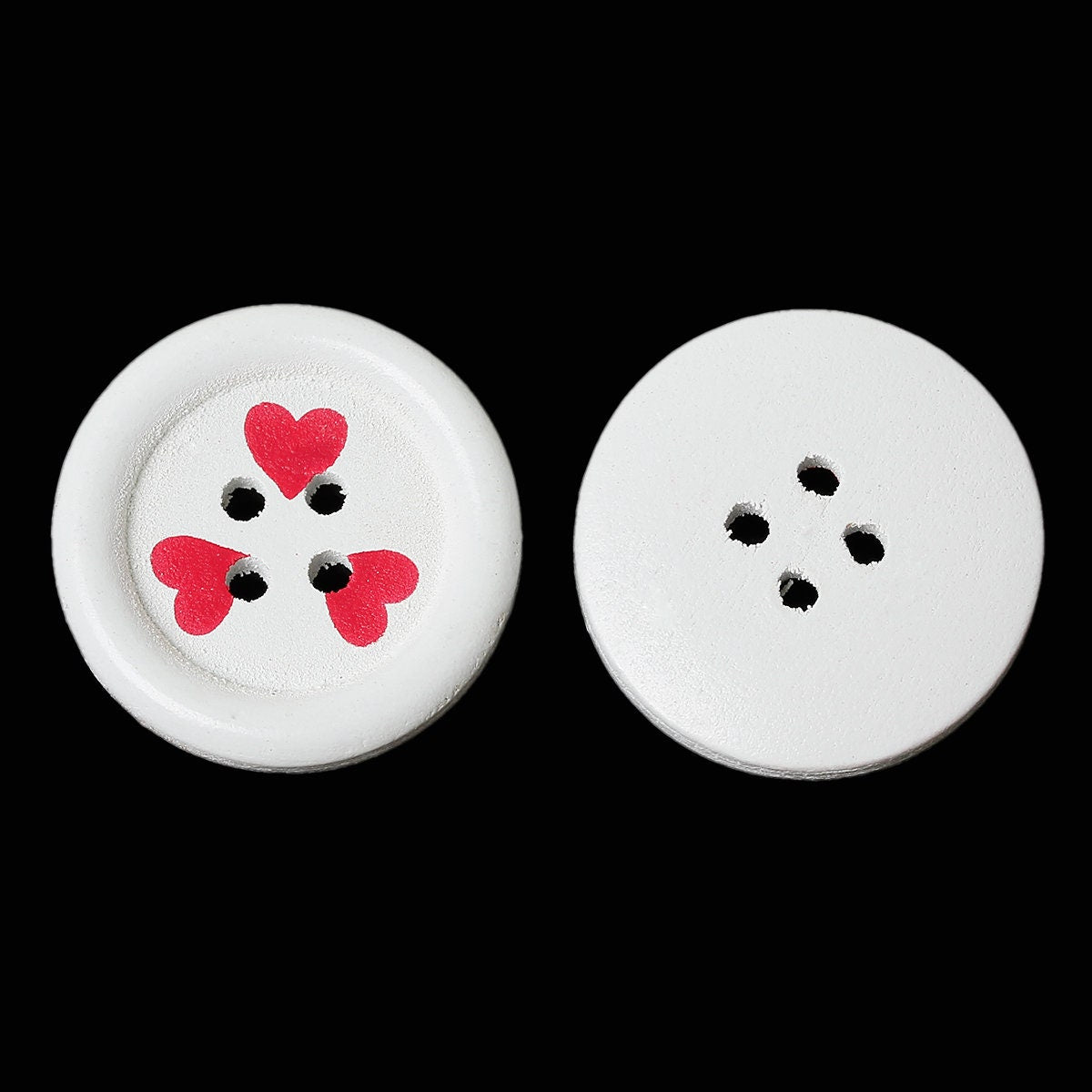 Wooden Buttons - White with Red Hearts Valentine's - 23mm (Approx 1 inch) - 4 Holes - Round Sewing Wood Buttons 23mm (Approx 1") (B46986)