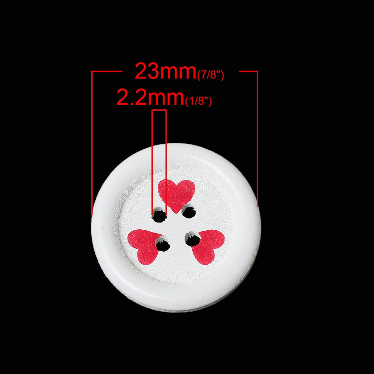 Wooden Buttons - White with Red Hearts Valentine's - 23mm (Approx 1 inch) - 4 Holes - Round Sewing Wood Buttons 23mm (Approx 1") (B46986)