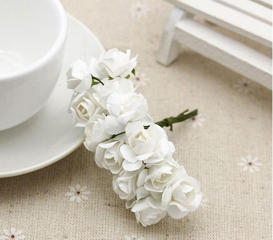 White Mini Paper Flowers - 15mm (.6") - Small Paper Roses - Tiny Paper Roses with Stems