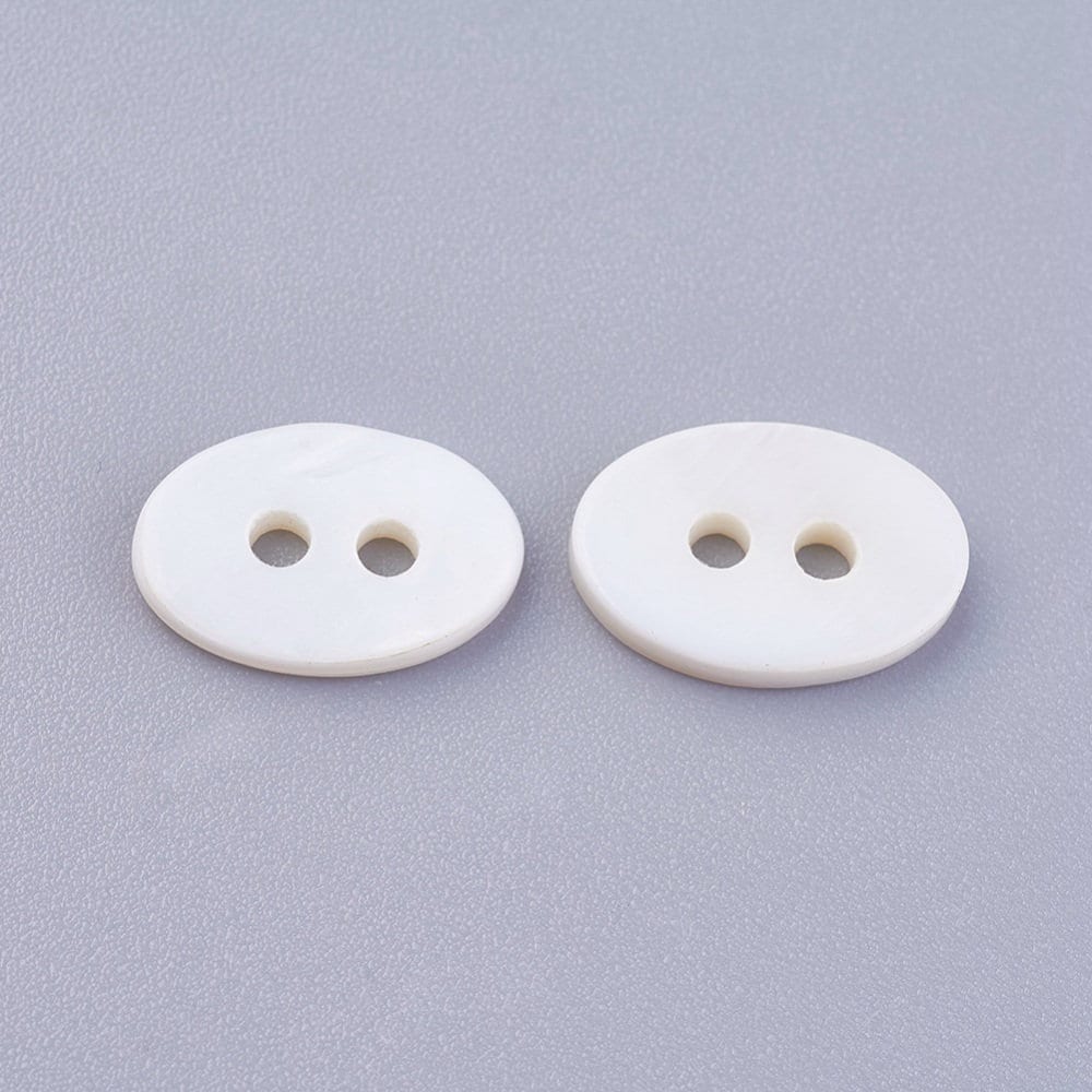 Oval Shell Buttons - Oval - White - 12mm x 8mm ~ 2mm Thick - Hole: 1.6mm (BSHE-P026-20)