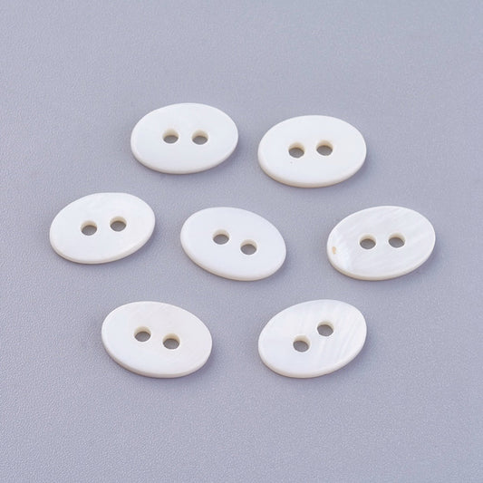 Oval Shell Buttons - Oval - White - 12mm x 8mm ~ 2mm Thick - Hole: 1.6mm (BSHE-P026-20)