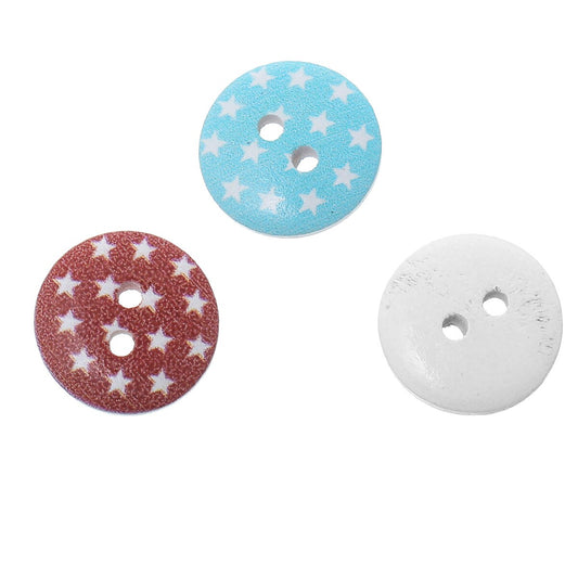 Mixed Color Star Pattern Wooden Buttons - 15mm (5/8 inch) - Multi Color - 2 Hole - Mixed Wood Button (64765)