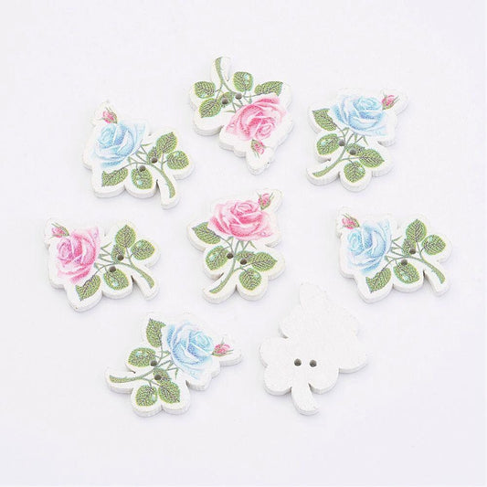 Mixed Rose Shaped Wooden Buttons - 31mm x 25mm x 3mm - 2 Hole - Blue and Pink Mixed Color Wood Button (K005-26))