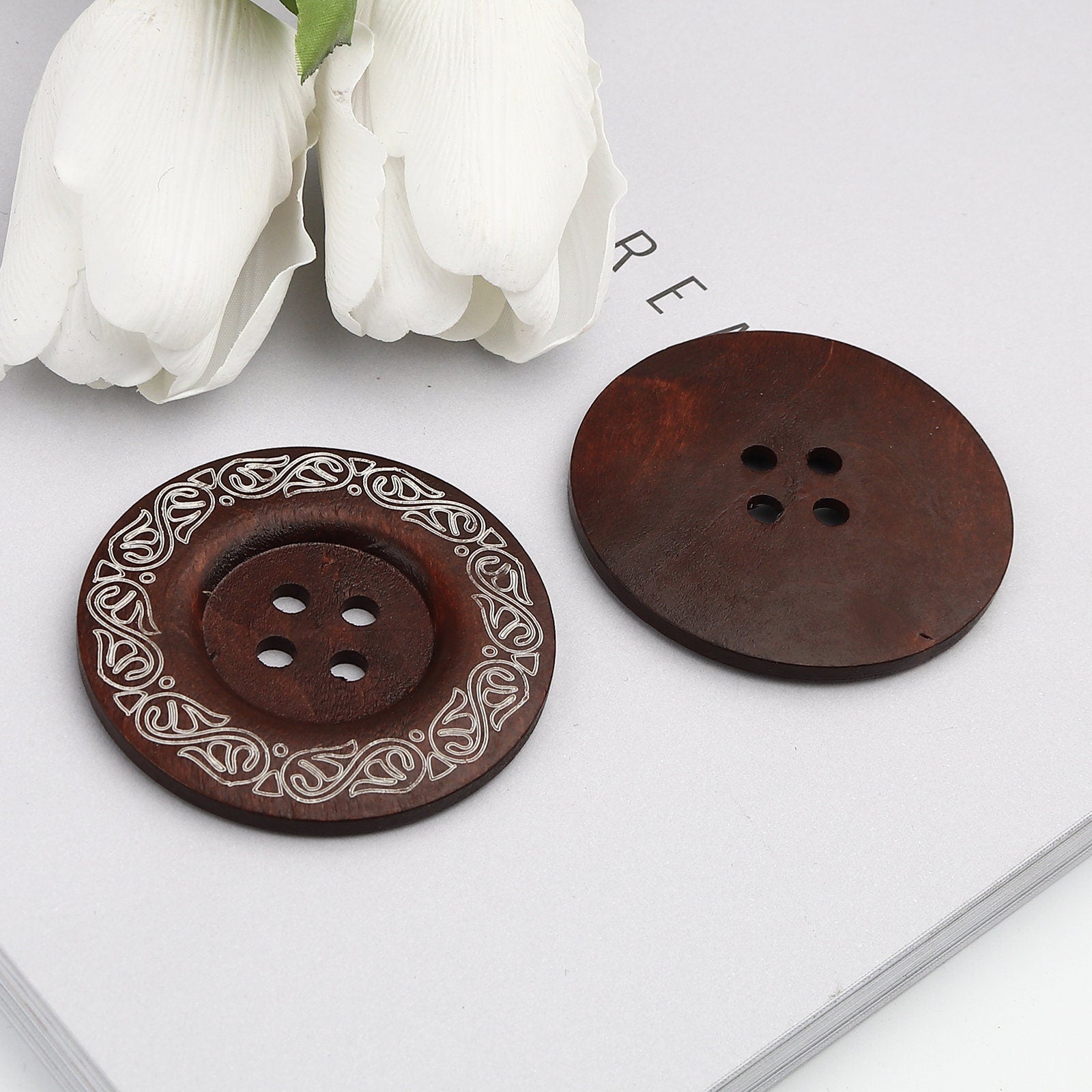 Extra Large Wooden Button - Brown Finish - 2 3/8 inch - 6cm - Wood Buttons - Decorative (908)