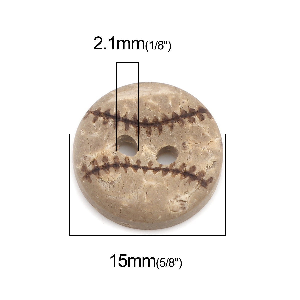 Baseball Design Coconut Wooden Button - 15mm - 2 Hole - Wood Buttons - Coconut Wood (0251887)