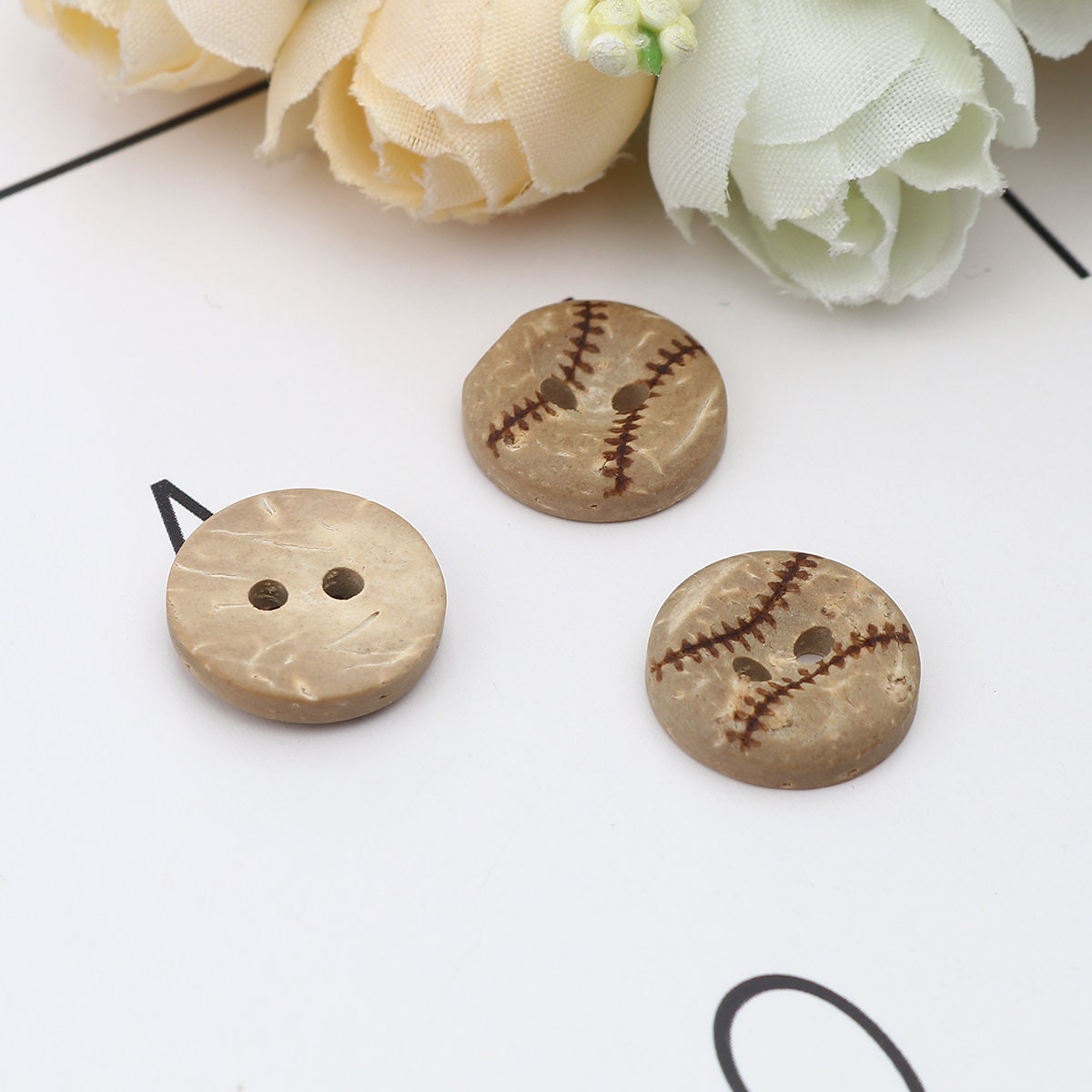 Baseball Design Coconut Wooden Button - 15mm - 2 Hole - Wood Buttons - Coconut Wood (0251887)