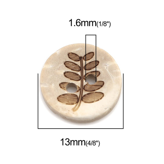 Coconut Wooden Button - 13mm - Leaf Fern Pattern - Wood Buttons - Coconut Wood (0251872)