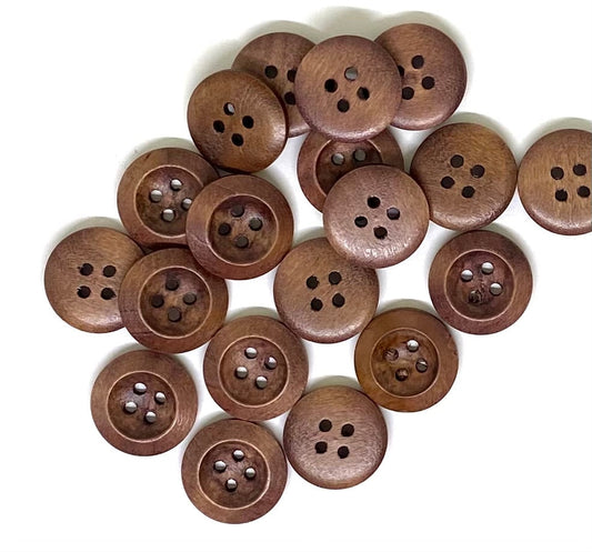 Dark Brown Wooden Buttons - 20mm (Approx. 3/4 inch) - 4 Holes - Round Sewing Wood Buttons 20mm (981)