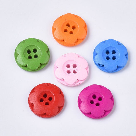 Wooden Button - Assorted Colors - Carved Flower - 4 Holes - 20mm - Wood Buttons Sewing Scrapbooking 20mm (012)