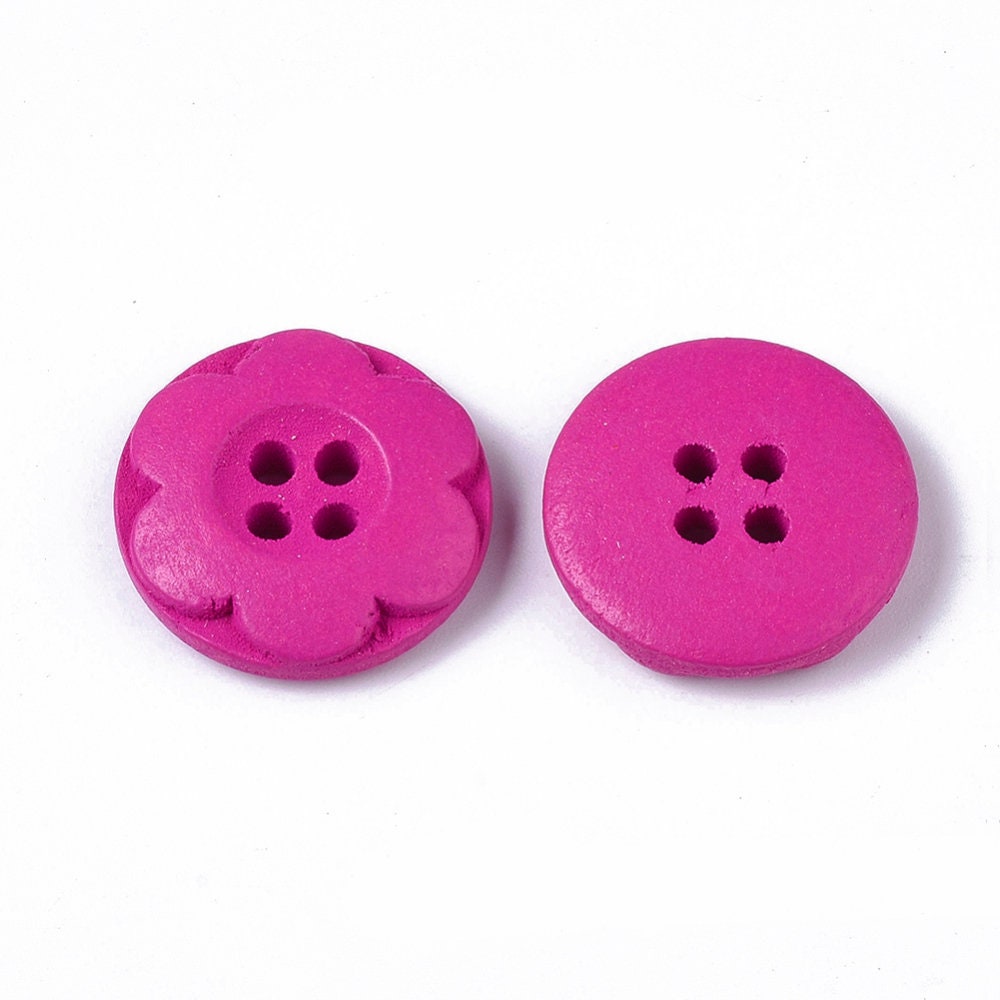 Wooden Button - Assorted Colors - Carved Flower - 4 Holes - 20mm - Wood Buttons Sewing Scrapbooking 20mm (012)