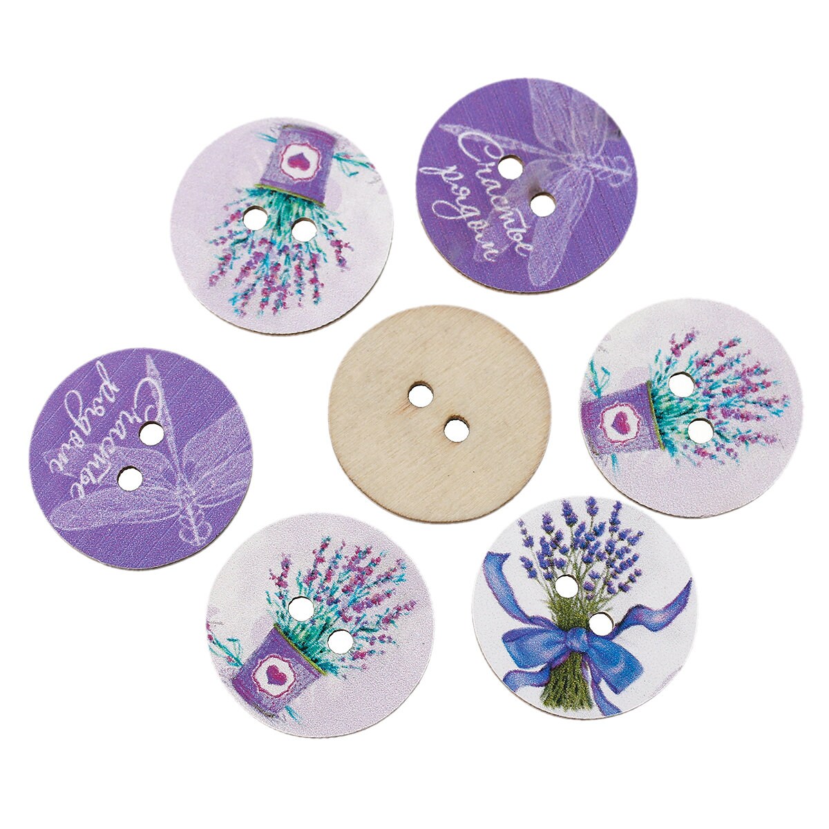 1 inch Lavender Dragonfly Design Wooden Buttons - 24mm (1 inch)- Mixed Designs - 2 Hole - Wood Button 54322