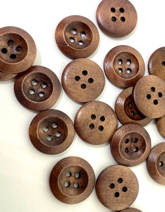 Dark Brown Wooden Buttons - 20mm (Approx. 3/4 inch) - 4 Holes - Round Sewing Wood Buttons 20mm (981)