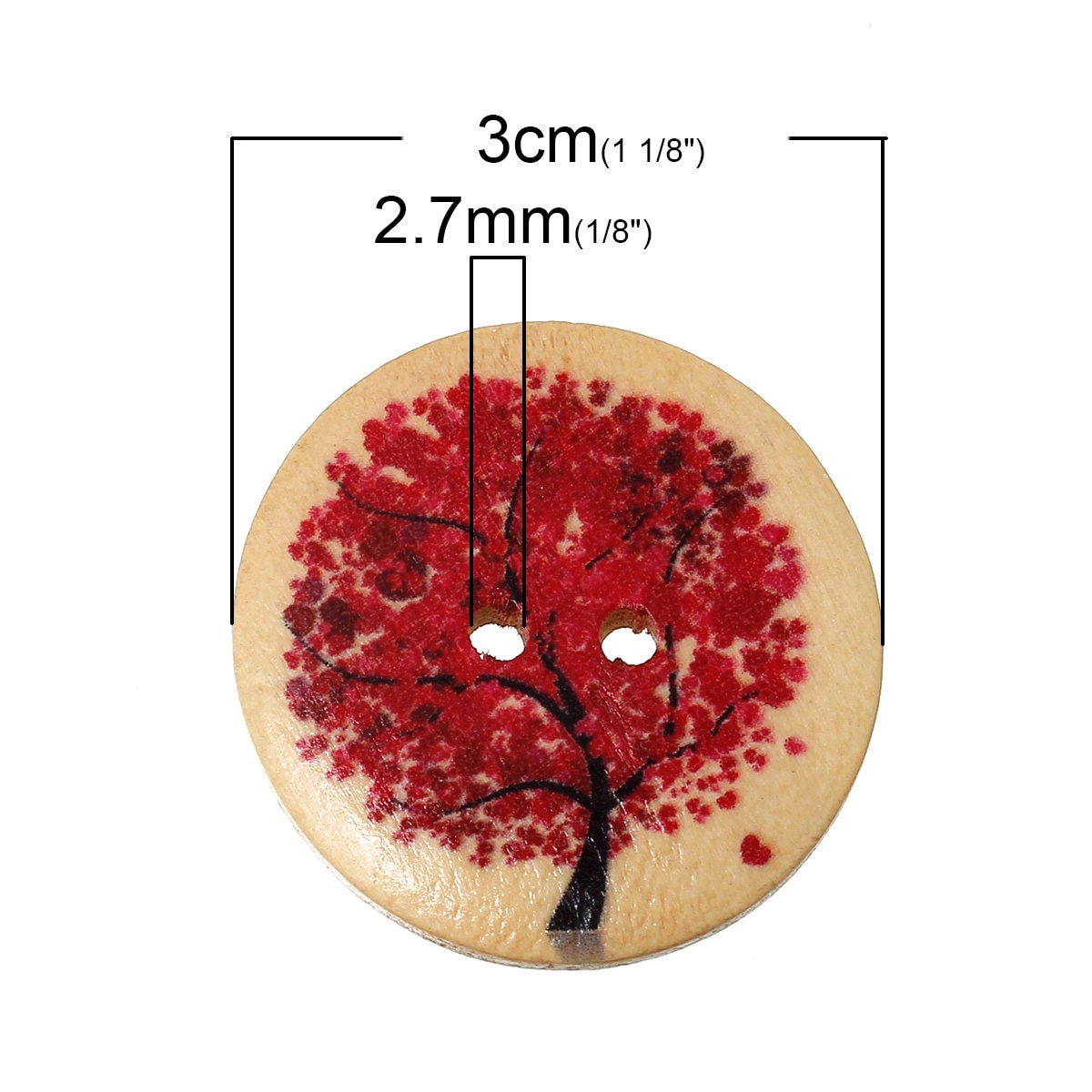 Large Multi Colored Wooden Buttons - Tree of Life Pattern - Shades of Red or Pink - Hearts - Butterflies - 30mm - 2 Hole - Wood Button 55059