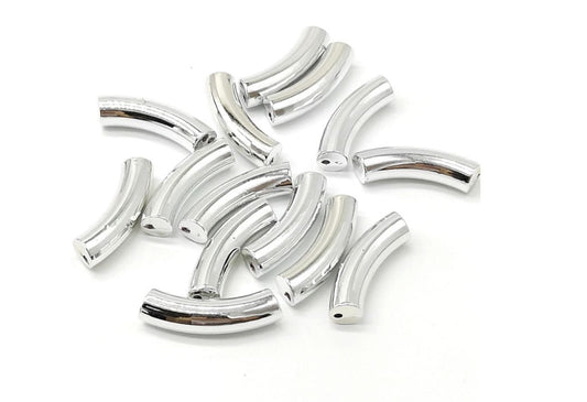 Silver Tube Beads - 33mm x 8mm - Silver Finish Bamboo Acrylic Tube Bead for Stretch Bracelets (bd-tube-silver)