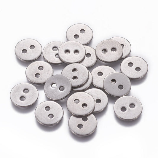 Silver Metal Sewing Buttons Round - Stainless Steel - 12mm x 1mm, Hole: 2mm - Lead and Nickel Free - Two Hole (005P)