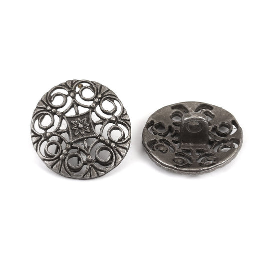 Antique Silver / Gunmetal Button - Carved Filigree Pattern 18mm - Shank - Lead & Nickel Safe - Metal Sewing Button (141)