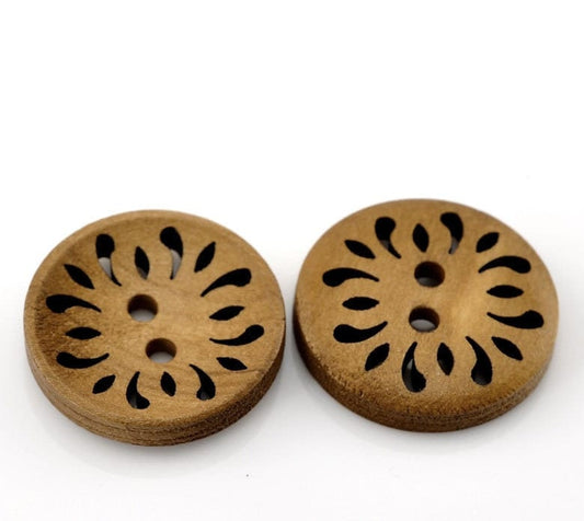 Brown Coffee Carved Wooden Buttons - 23mm (Approx. 1 inch) - 2 Hole - Brown Wood Button (B21510)