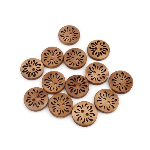 Brown Coffee Carved Wooden Buttons - 23mm (Approx. 1 inch) - 2 Hole - Brown Wood Button (B21510)