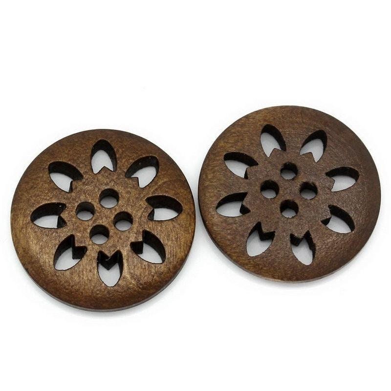 Brown Carved Wooden Buttons - 25mm (approx. 1 Inch) - 2 Hole - Brown Wood Button (b27355)