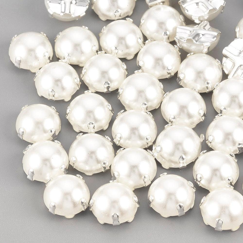 White Faux Pearl Buttons - Creamy White - Silver- 8mm - Acrylic (01s)