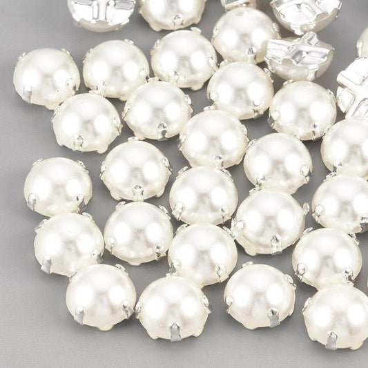 White Faux Pearl Buttons - Creamy White - Silver- 8mm - Acrylic (01s)