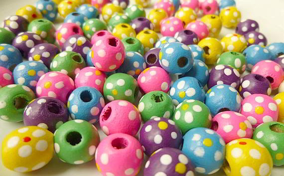 Wood Bead, Multicolored, 11x10mm Round with Painted Flowers and Dots Pkg/50