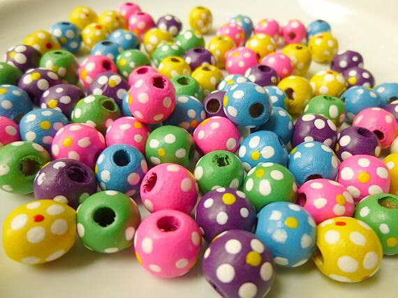 Wood Bead, Multicolored, 11x10mm Round with Painted Flowers and Dots Pkg/100