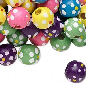 Wood Bead, Multicolored, 11x10mm Round with Painted Flowers and Dots Pkg/100