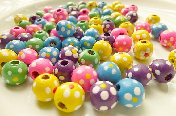 Wood Bead, Multicolored, 11x10mm Round with Painted Flowers and Dots Pkg/50