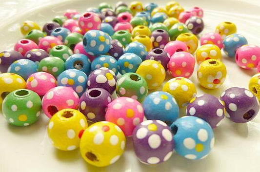 Wood Bead, Multicolored, 11x10mm Round with Painted Flowers and Dots Pkg/100