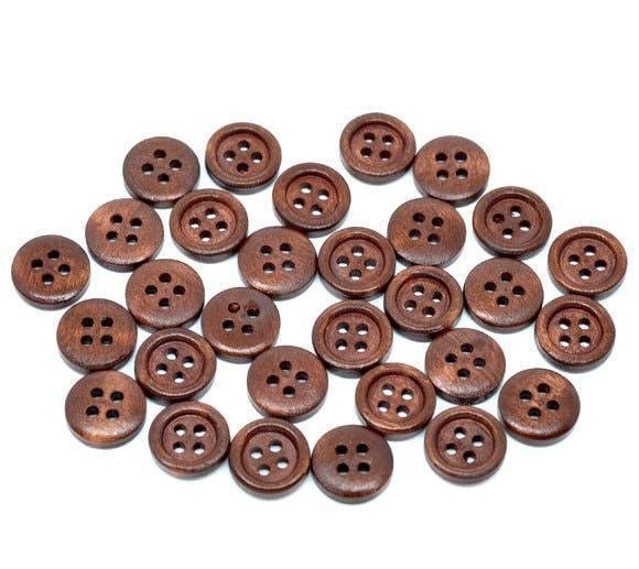 50 Dark Brown Wooden Buttons - 15mm - 4 Hole - Wood Button (b10383)