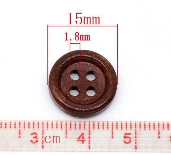 10 Dark Brown Wooden Buttons - 15mm - 4 Hole - Wood Button (b10383)