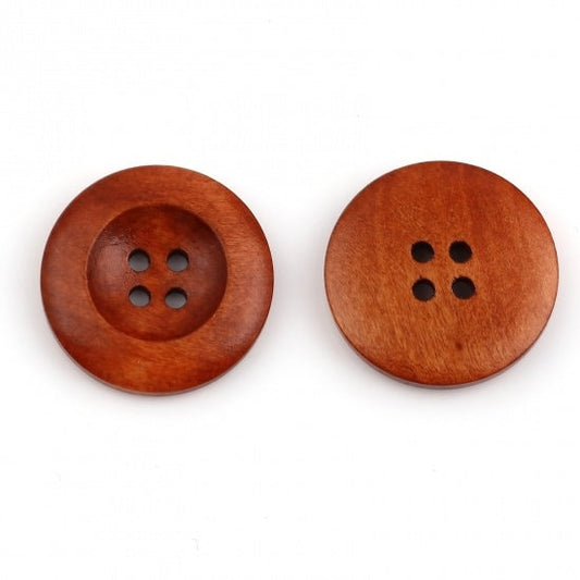 Reddish Brown Wooden Buttons - 25mm (1 inch) - 4 Holes - Round Sewing Wood Buttons 25mm (1") (21317-rd)