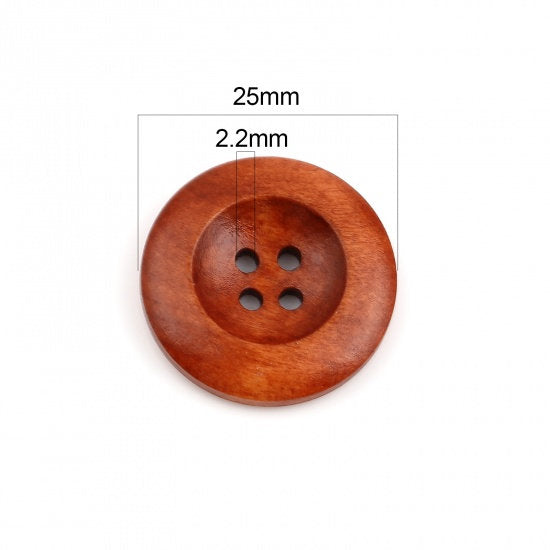 Reddish Brown Wooden Buttons - 25mm (1 inch) - 4 Holes - Round Sewing Wood Buttons 25mm (1") (21317-rd)