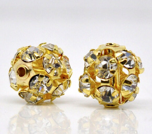 10 Gold Plated Rhinestone Disco Ball Spacer Bead 10mm (00521)