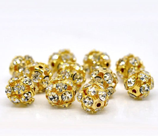 10 Gold Plated Rhinestone Disco Ball Spacer Bead 10mm (00521)