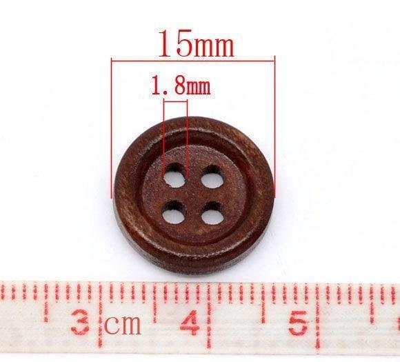 100 Dark Brown Wooden Buttons - 15mm - 4 Hole - Wood Button (b10383)