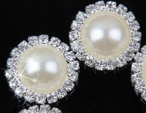 20 Ivory White Pearl Rhinestone Flatback Button - Silver - 18mm Metal Button - Pearl Rhinestone Buttons - Hair Bow Centers (pwrb