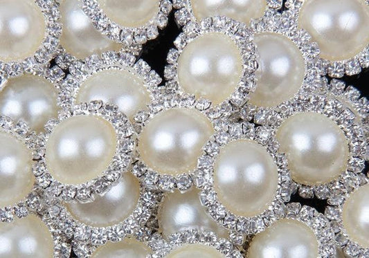 20 Ivory White Pearl Rhinestone Flatback Button - Silver - 18mm Metal Button - Pearl Rhinestone Buttons - Hair Bow Centers (pwrb